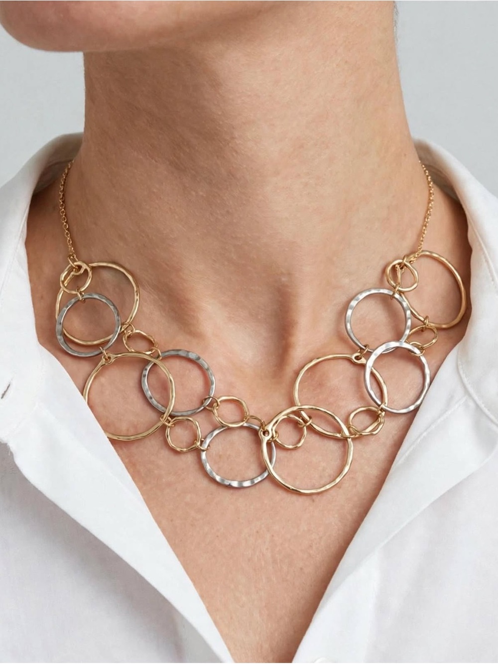 Hammered Texture Silver & Gold Double Strand Ring Chain Link Necklace